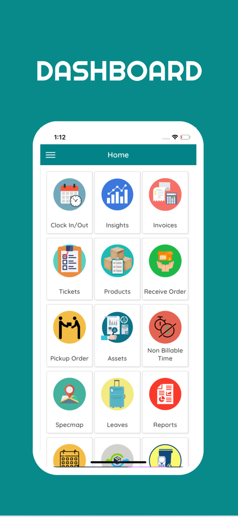 EzyBooks - Pantalla de inicio de la aplicación móvil EzyBooks mostrando iconos de gestión empresarial para registrar entrada, facturas e inventario.