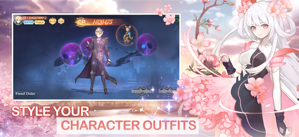 Character outfit customization screen in Sky Utopia featuring a Fiend Duke avatar and anime style artwork