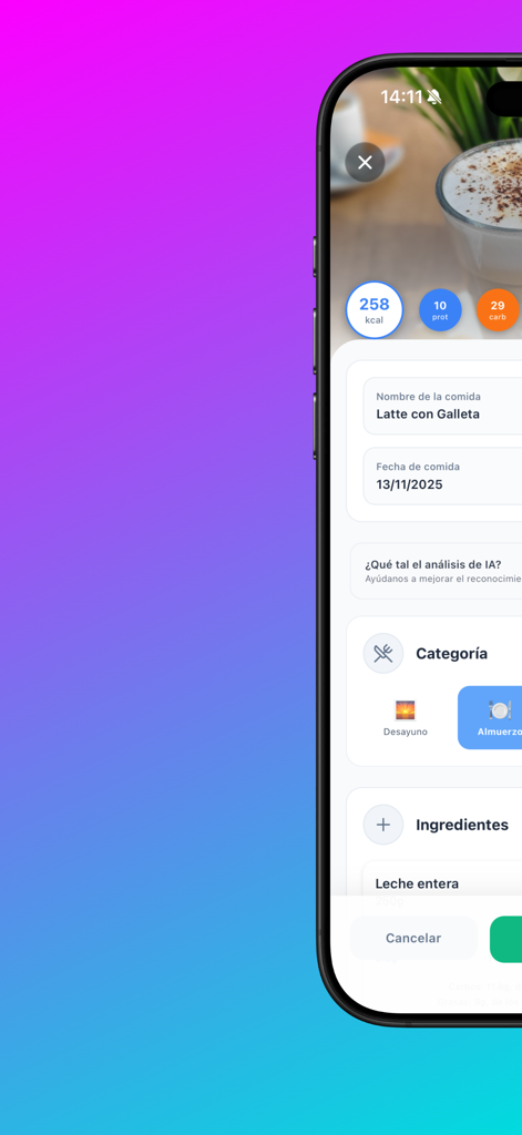 ScanCal - ScanCal app interface showing AI analysis of a latte with calorie and macronutrient breakdown