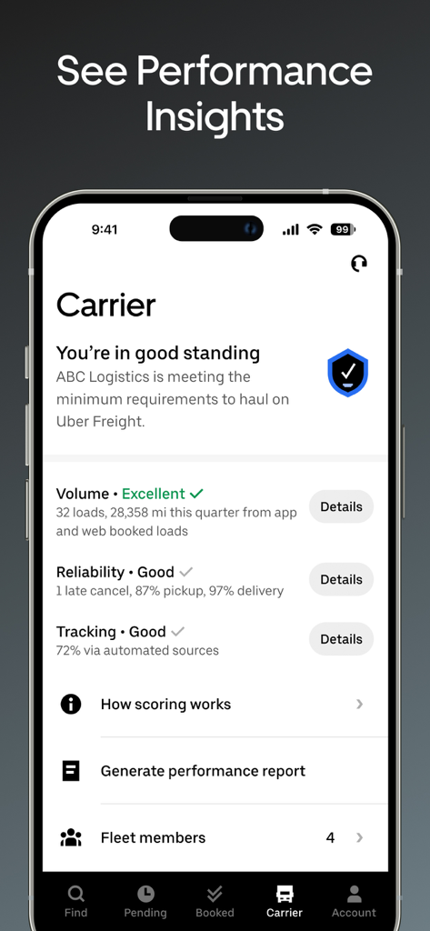 Uber Freight app carrier dashboard showing performance insights for volume reliability and tracking