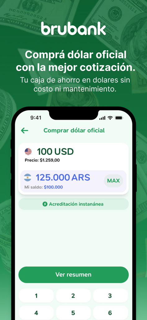 アルゼンチンペソで100米ドルを購入するBrubankモバイルアプリのインターフェース