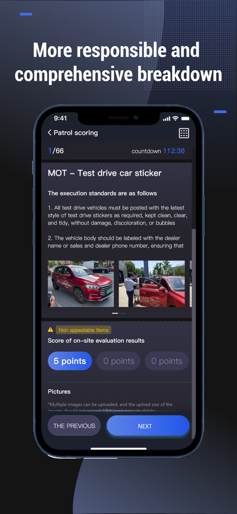 BYD Smart Operations - BYD Smart Operations app interface showing a patrol scoring screen for vehicle inspection and dealer standards