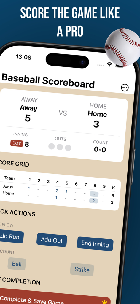 Bullpen: Baseball Radar Gun - Bullpen baseball scoreboard app interface on a smartphone showing team scores and game stats