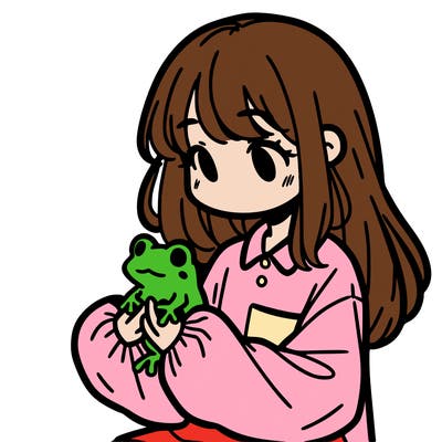girl with long hair and a oversized shirt. and she is holding a frog