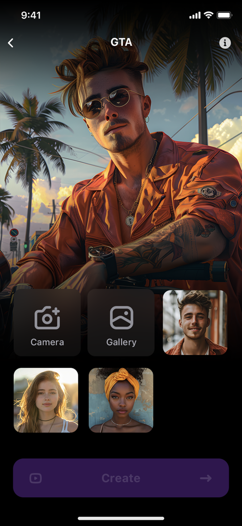 Wallpaper X – 4K HD wallpapers - Interfaz de la aplicación Wallpaper X que muestra la herramienta de creación de fondos de pantalla de IA con opciones de retrato personalizadas
