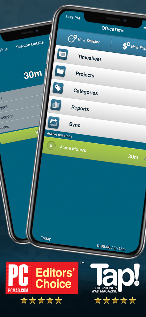 OfficeTime Time Keeper Pro - OfficeTime Pro app interface on iPhone showing the main menu and an active time tracking session for a client.