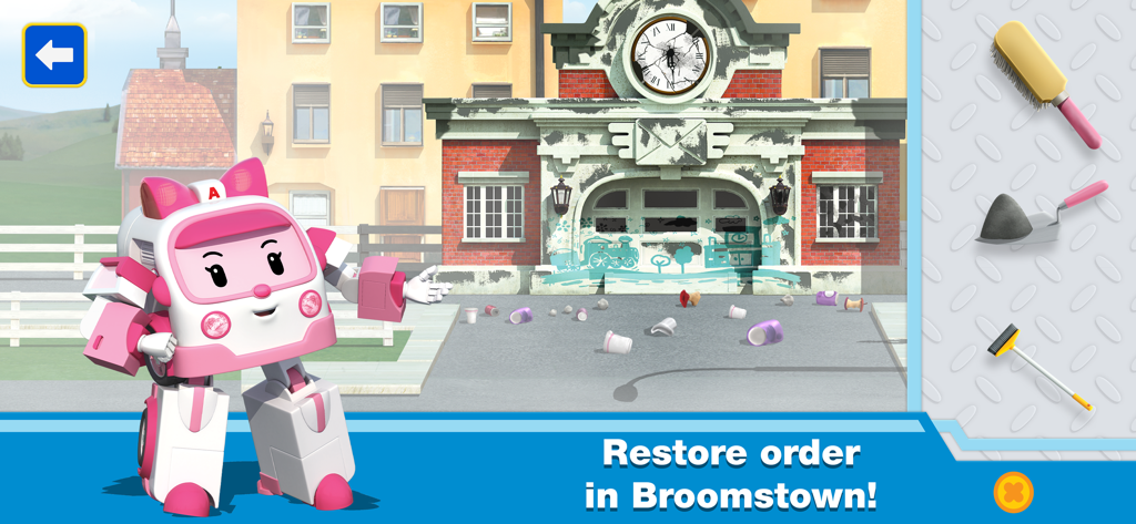 Amber von Robocar Poli steht vor einem unordentlichen Gebäude in Broomstown mit Reinigungsgeräten, bereit, die Ordnung wiederherzustellen