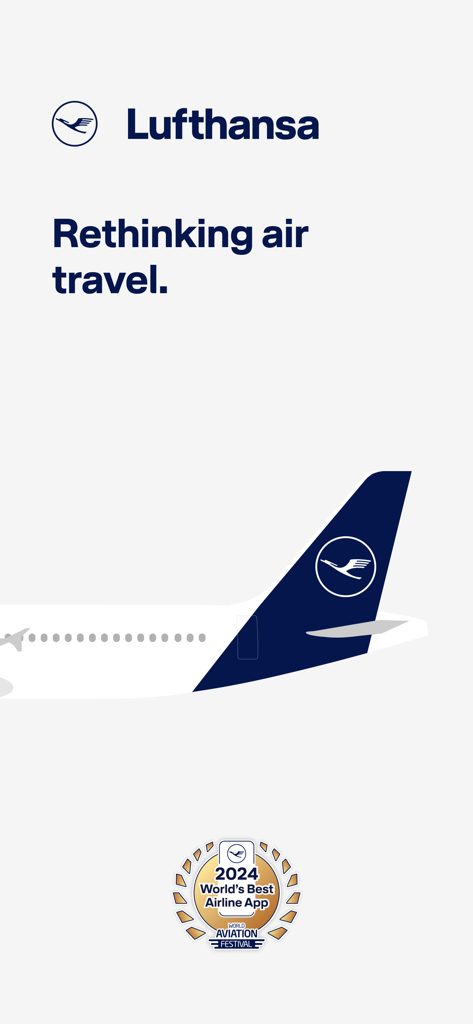 Lufthansa app splash screen featuring the 2024 Worlds Best Airline App award badge
