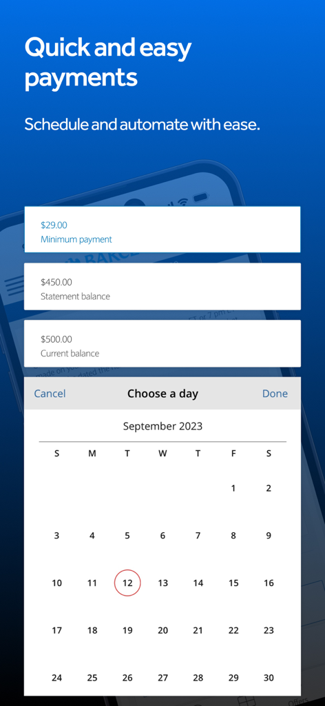 Barclays US app screen for scheduling credit card payments with a calendar view.