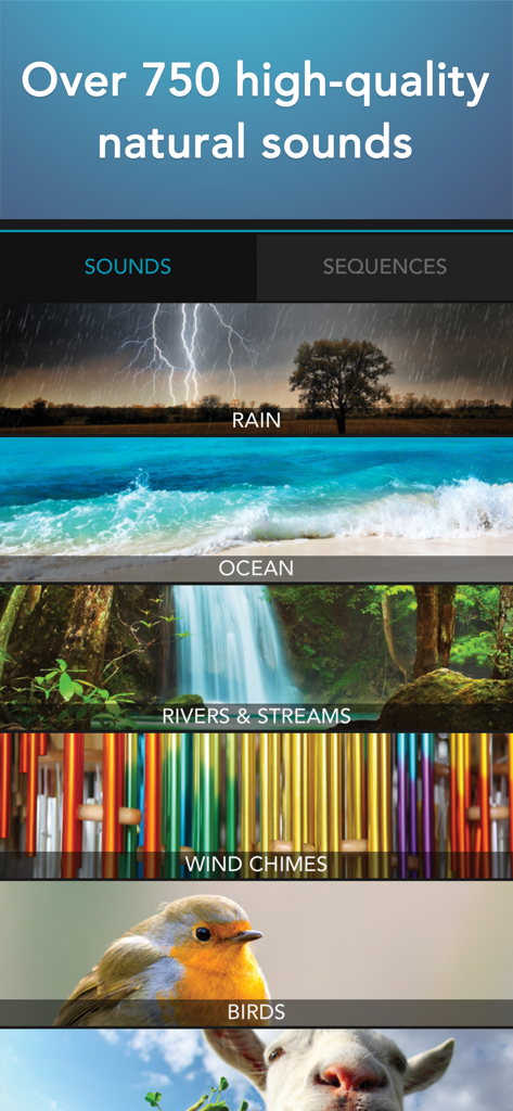 Sleep Science HQ: alarm clock - Un menú de categorías de sonidos naturales en la aplicación Sleep Science HQ que incluye lluvia, océano y pájaros