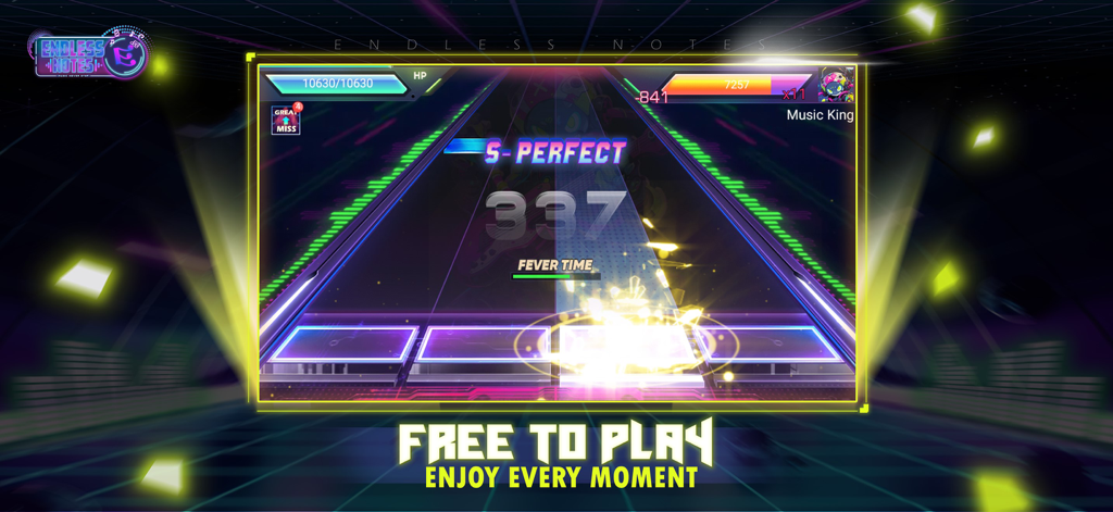 Endless Notes - Rhythm Master - Endless Notes Rhythm Master gameplay showing an S-Perfect combo score and neon music interface