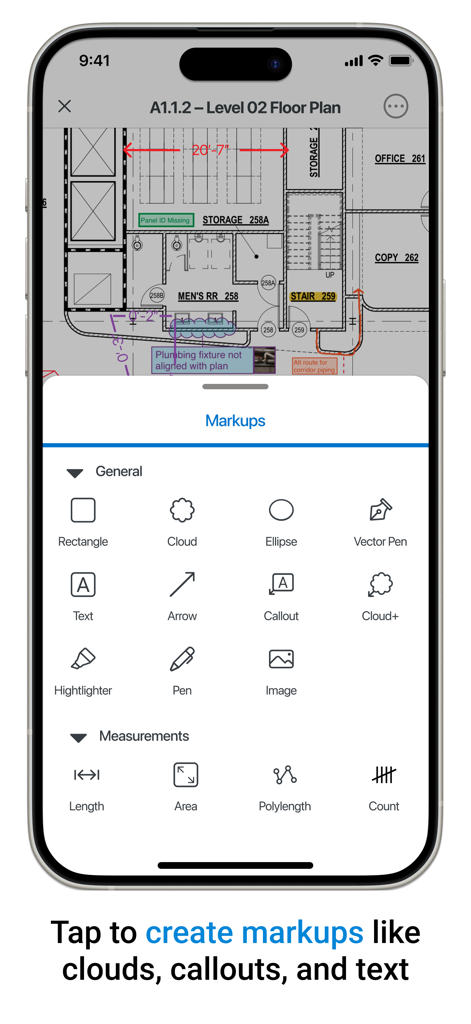 Interface do aplicativo Bluebeam Cloud mostrando marcação de planta e ferramentas de medição para profissionais de construção