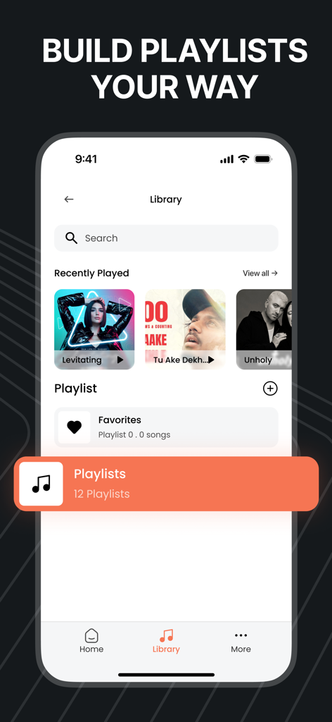 PlayTube : Music , Videos - Eine minimalistische Musikbibliotheks-Oberfläche in der PlayTube-App, die kürzlich abgespielte Titel und benutzerdefinierte Playlist-Organisation zeigt