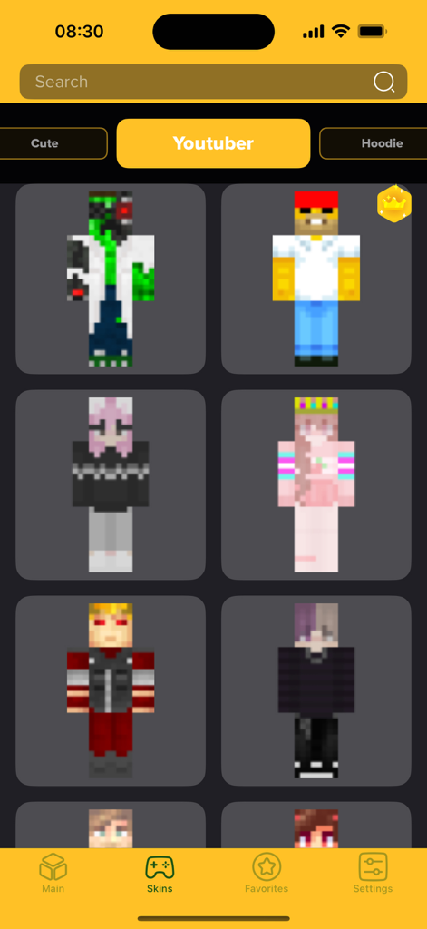 Cuadrícula de skins de YouTubers de Minecraft en la interfaz de la aplicación móvil Nova Skins para MCPE