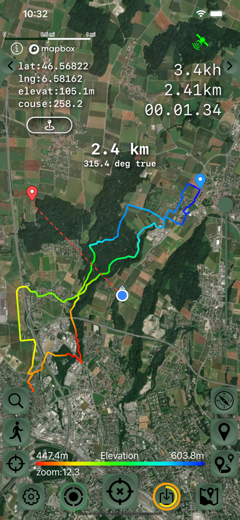 GPS Tracker: Offline Maps, GPX - Satellite map view of a GPS track with a color gradient showing elevation changes and navigation data