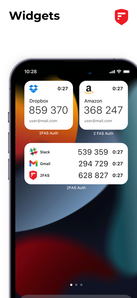 2FA Authenticator (2FAS) - Dropbox, Amazon, Slack의 2단계 인증 코드가 포함된 2FAS Authenticator 위젯이 표시된 iPhone 홈 화면
