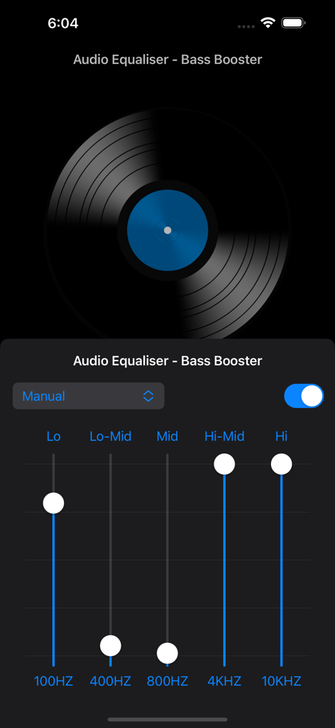 Audio Equaliser - Manual mode interface of the Audio Equaliser app with a five band frequency slider and a vinyl record graphic