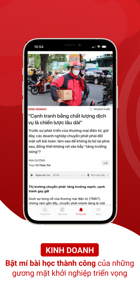 서비스 품질 및 스타트업 성공 사례에 대한 베트남 비즈니스 뉴스 기사를 보여주는 CafeBiz 앱의 모바일 스크린샷