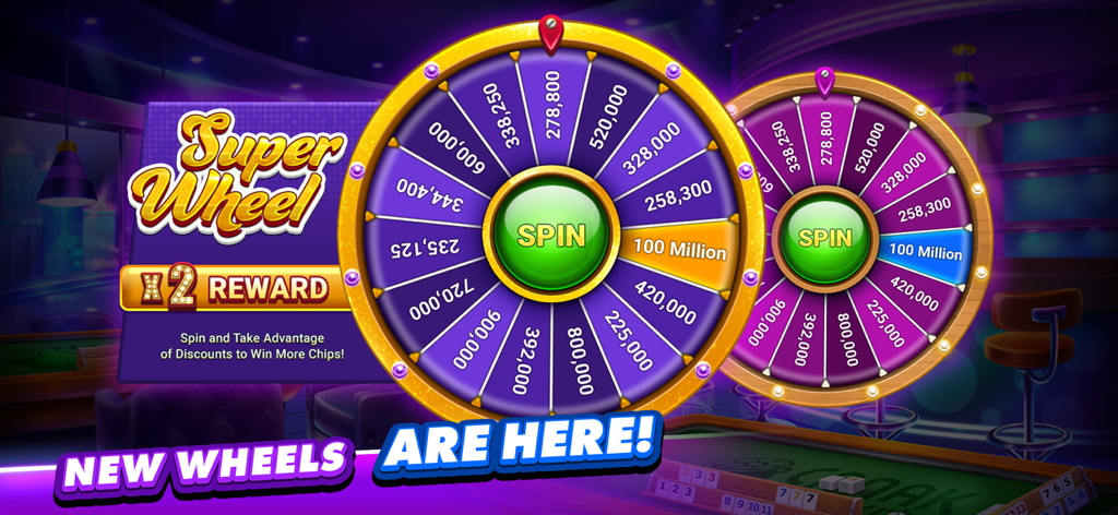Okey Plus - Okey Plus game Super Wheel feature showing various chip prizes and a spin button
