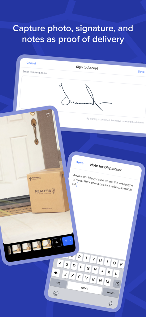 Routific - Routific app screens for capturing photo signature and dispatcher notes as proof of delivery