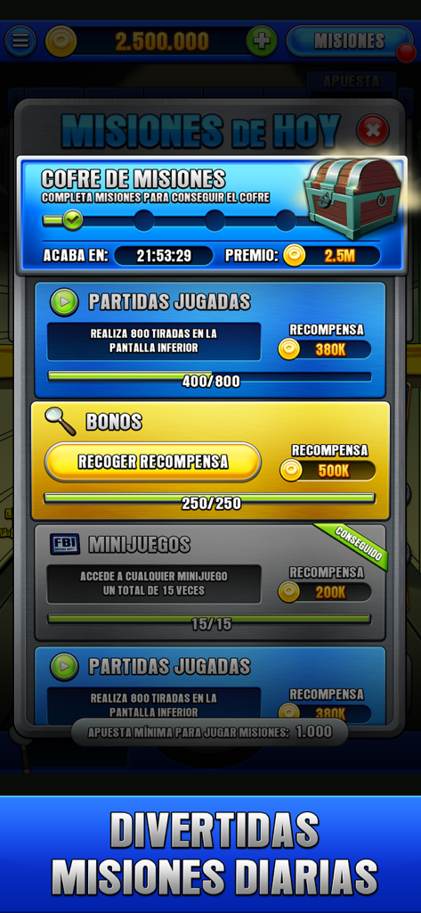 FBI Academy - Tragaperras Bar - Daily missions and rewards screen in FBI Academy slot game