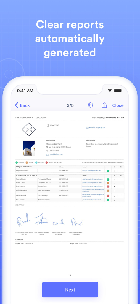 Digital site inspection report in the Archireport app featuring project details and digital signatures