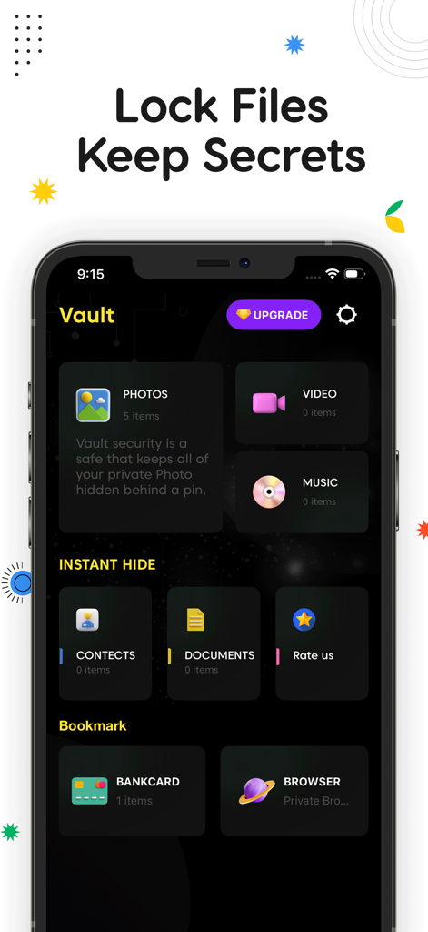 Photo Vault: Hide Pics & Video - Photo Vault app dashboard showing categories for photos videos music and documents with lock functionality