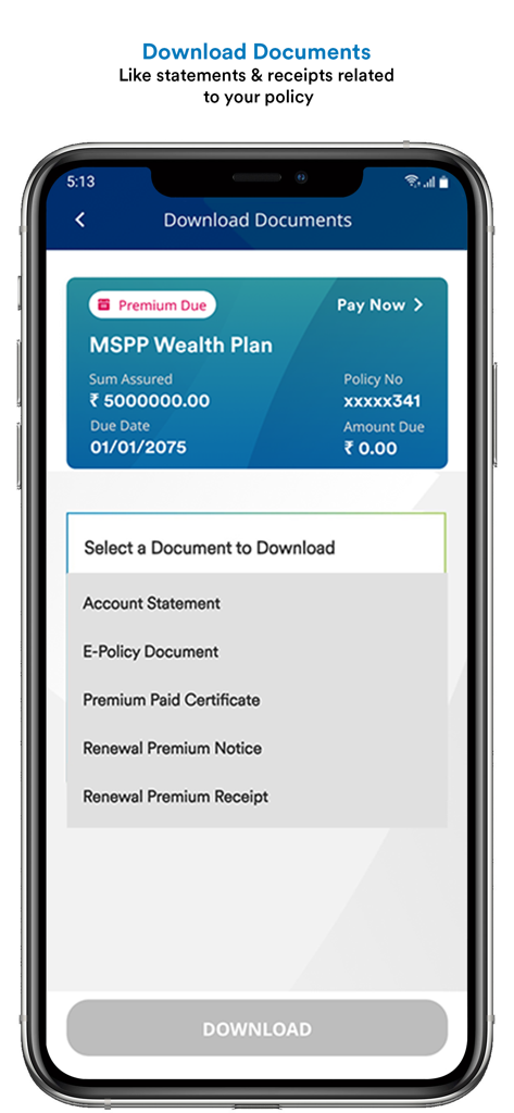khUshi - The khUshi app interface for downloading insurance policy documents like account statements and premium receipts
