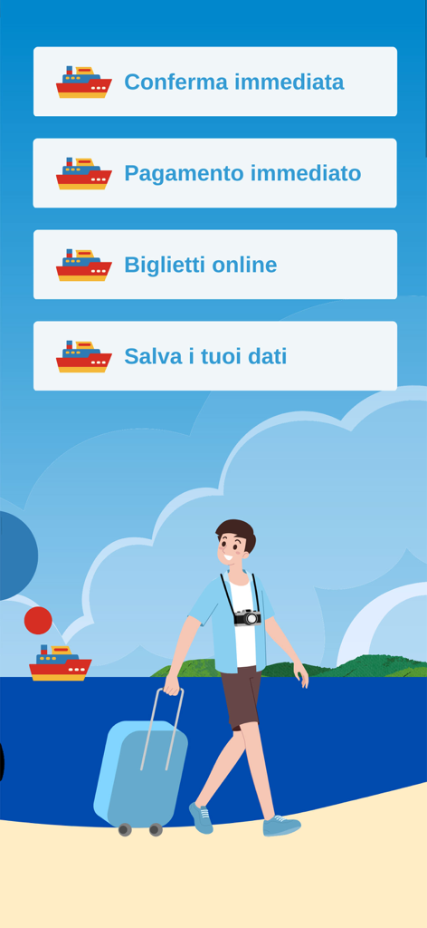 Traghettilines - Illustration of a traveler with a suitcase and a list of ferry booking app benefits