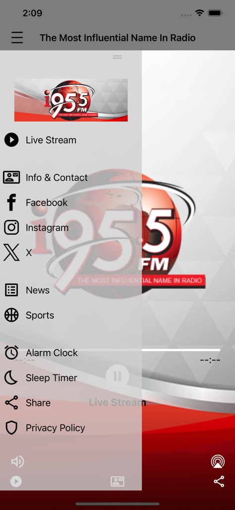 I95.5FM radio app sidebar menu showing live stream news and sports categories