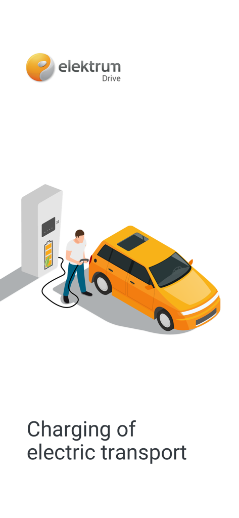 Illustration isométrique d'un homme chargeant une voiture électrique jaune à une borne Elektrum Drive.