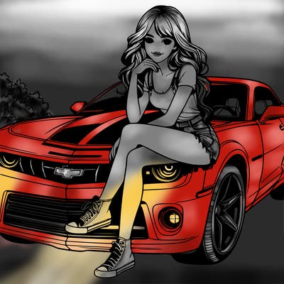 beautiful realistic girl sitting on a camaro