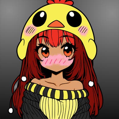 anime girl with chick shaped hat with sweater with bare shoulders with bangs covering them one eye with low tail