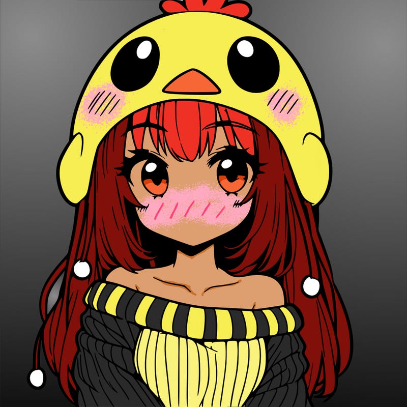 anime girl with chick shaped hat with sweater with bare shoulders with bangs covering them one eye with low tail