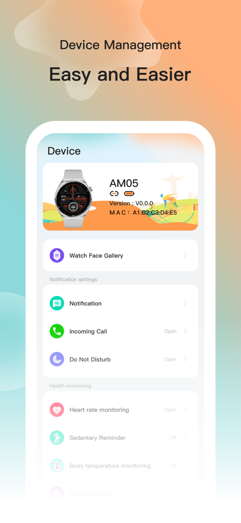 Smart-Time Pro app device management screen showing connected smartwatch settings and health monitoring features