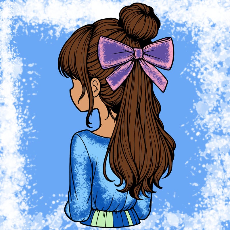 realistic girl  with hip length hair a bun and a big bow on the back of head
