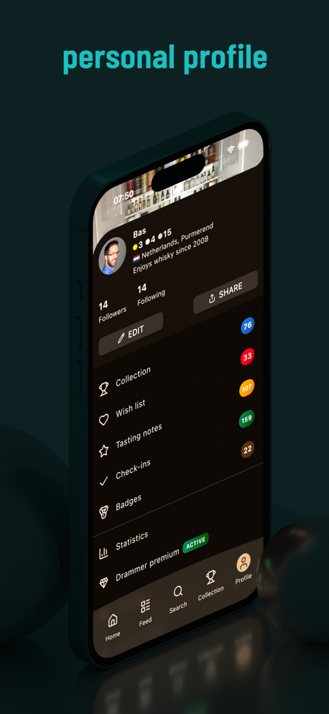 Drammer whisky app personal profile screen showing user collection and tasting stats.