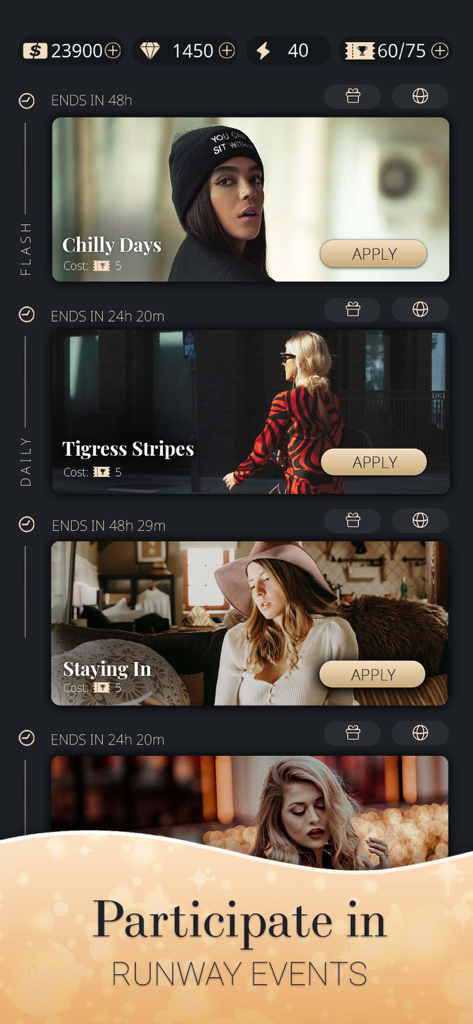 Fashion Nation: Style & Fame - A menu showing various themed runway events like Chilly Days and Tigress Stripes in the Fashion Nation app.