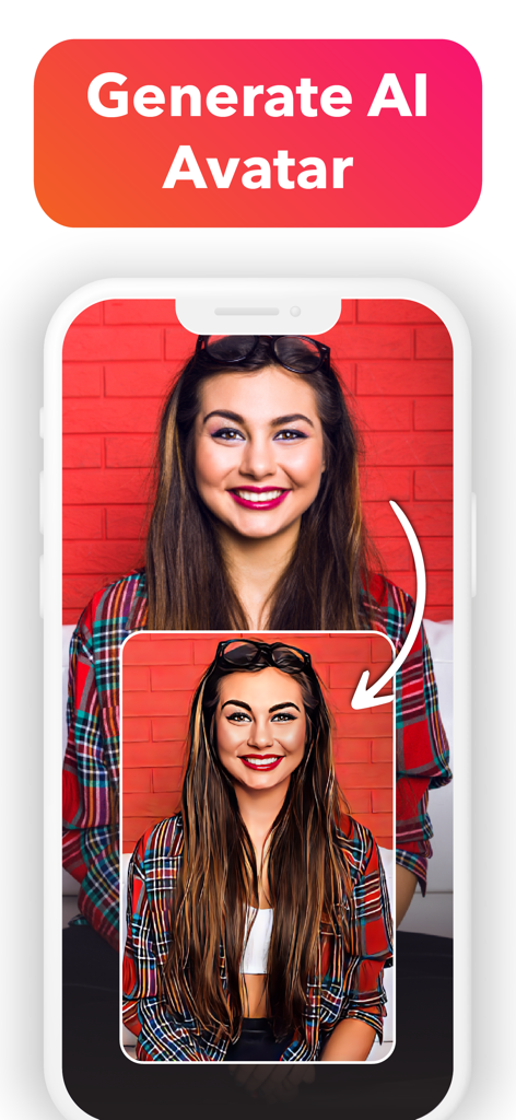 Magic Eraser:Remove Background - App interface showing a photo of a woman being transformed into a cartoon AI avatar