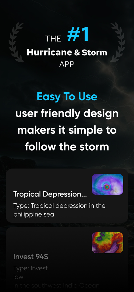 Hurricane Tracker: Storm Alert - Interfaz de la aplicación Hurricane Tracker que muestra alertas de tormentas tropicales y mapas de seguimiento meteorológico.