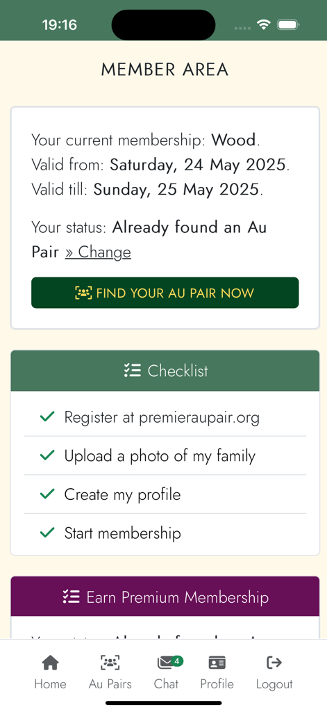 Premier Au Pair - Premier Au Pair app member area screen showing membership status and a completed profile checklist