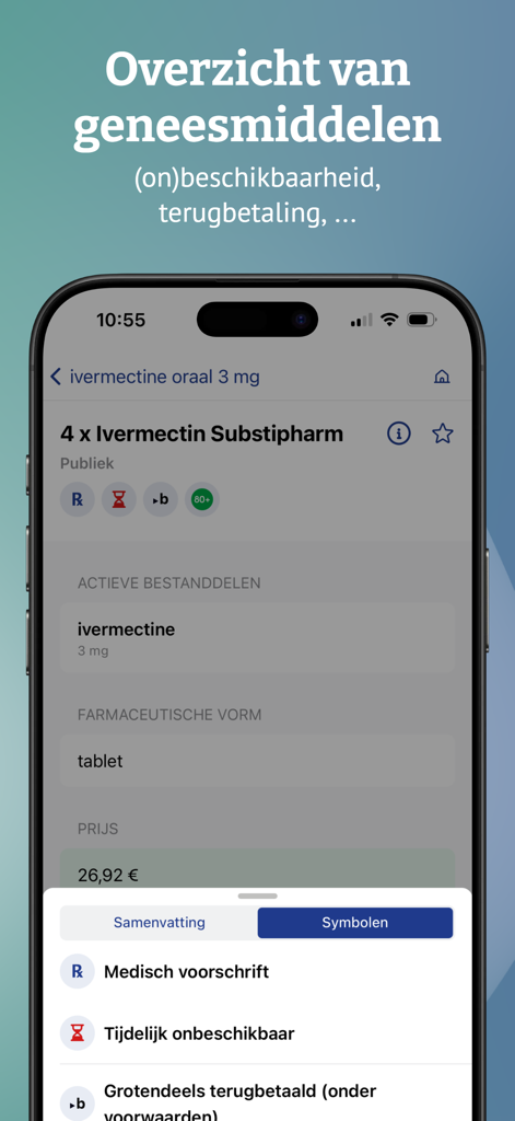 Smartphone display of the BCFI app showing detailed drug information for Ivermectin with availability and pricing symbols