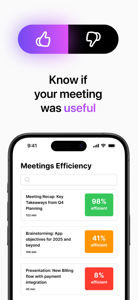 Recap: AI Meeting Note Taker - A mobile interface of the Recap AI app showing meeting efficiency insights with percentage scores and color coded productivity levels for various recorded sessions.