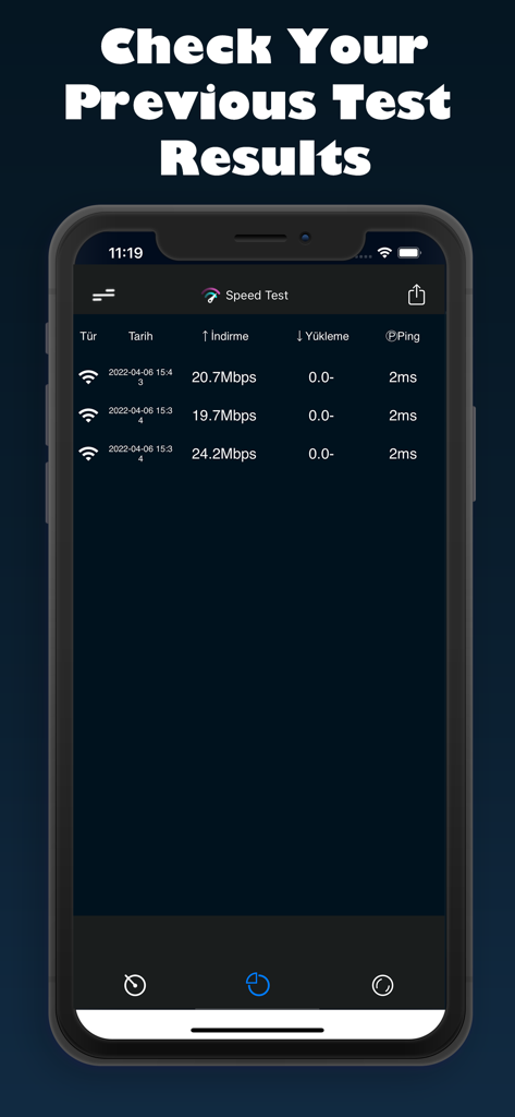 Una lista de resultados anteriores de pruebas de velocidad de Internet que muestran la velocidad de descarga y las métricas de ping en una pantalla móvil