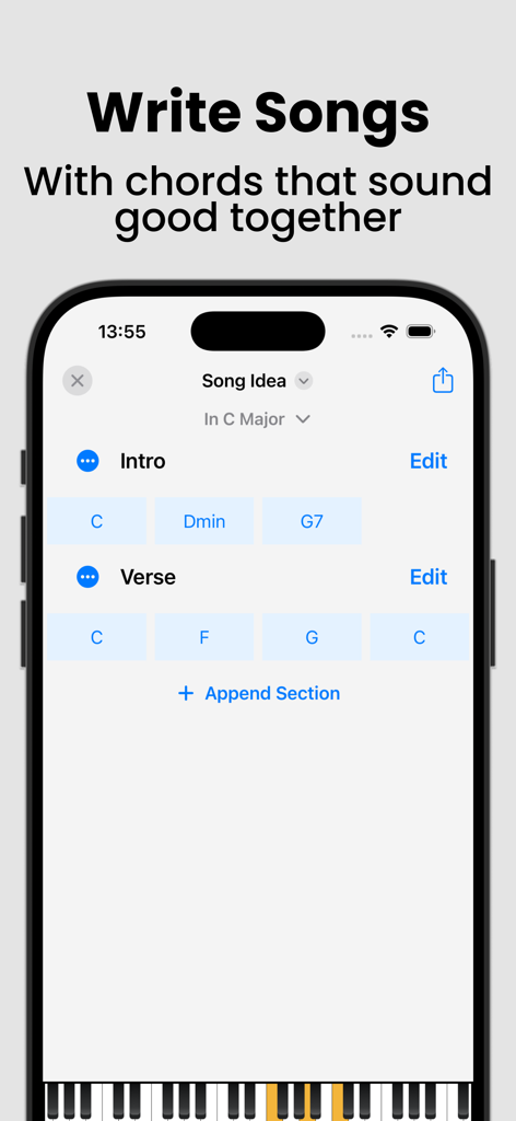 Piano Chords and Scales - Song composition tool in the Piano Chords and Scales app showing chord progressions for intro and verse sections