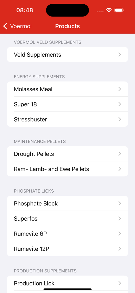 Voermol - Eine Liste von Tierfuttermitteln in der Voermol-App, einschließlich Energieergänzungen, Erhaltungspeletts und Phosphat-Lecksteinen