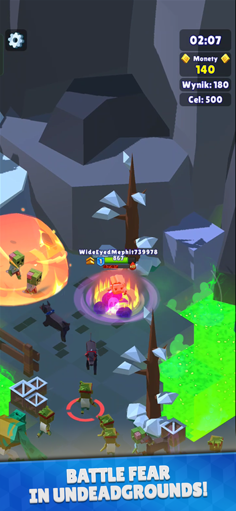 Hunt Royale: Action RPG Battle - A voxel character fighting monsters in the undeadgrounds mode of Hunt Royale