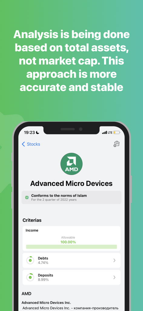 Sahih Invest App zeigt Scharia-Konformitätsdetails für Advanced Micro Devices-Aktien an
