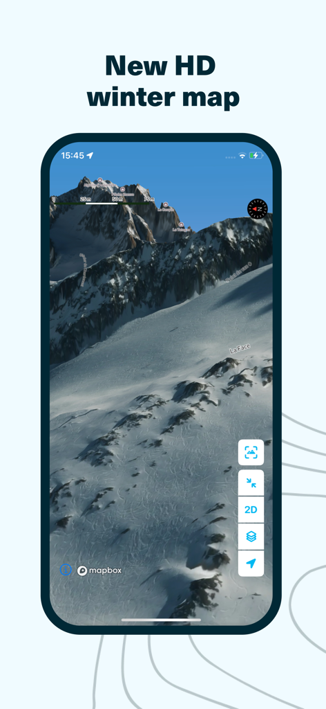 Whympr | Ski, Hike, Climb - Whympr app screen displaying a 3D high-definition winter satellite map of snowy mountain terrain