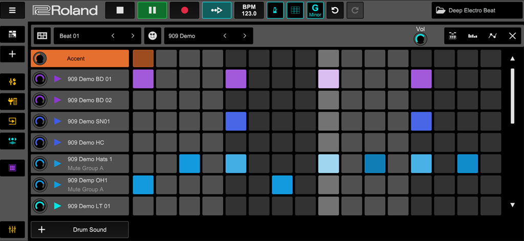 Roland Zenbeats - Interface of the Roland Zenbeats ZR1 Drum Sampler featuring a step sequencer with classic 909 drum sounds.